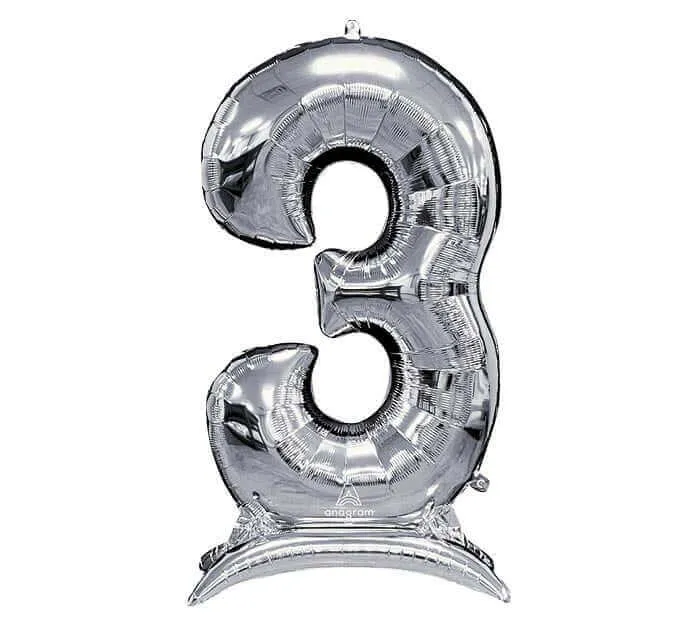 50" Stand-Up (Numberz 3) Mylar Balloons - Silver (Air-Filled Only)