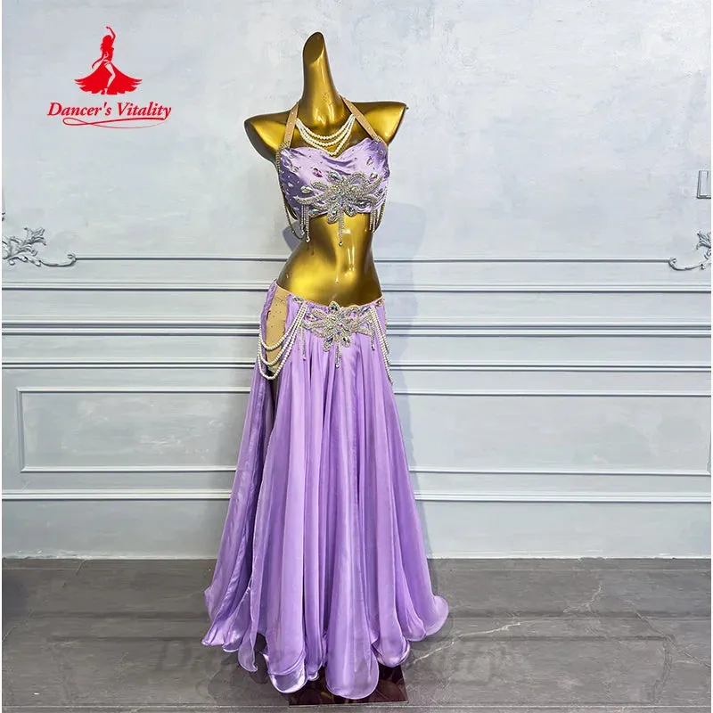 BellyDance Costume Set Customization Luxury Diamond Bra Sexy Split Long Skirt 2pcs Belly Dance Professional Performance Clothing