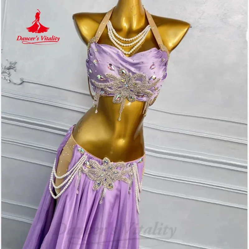 BellyDance Costume Set Customization Luxury Diamond Bra Sexy Split Long Skirt 2pcs Belly Dance Professional Performance Clothing