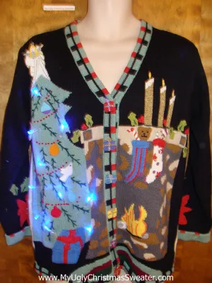 BEST 2sided Light Up Ugly Xmas Sweater with Tree and Cabin