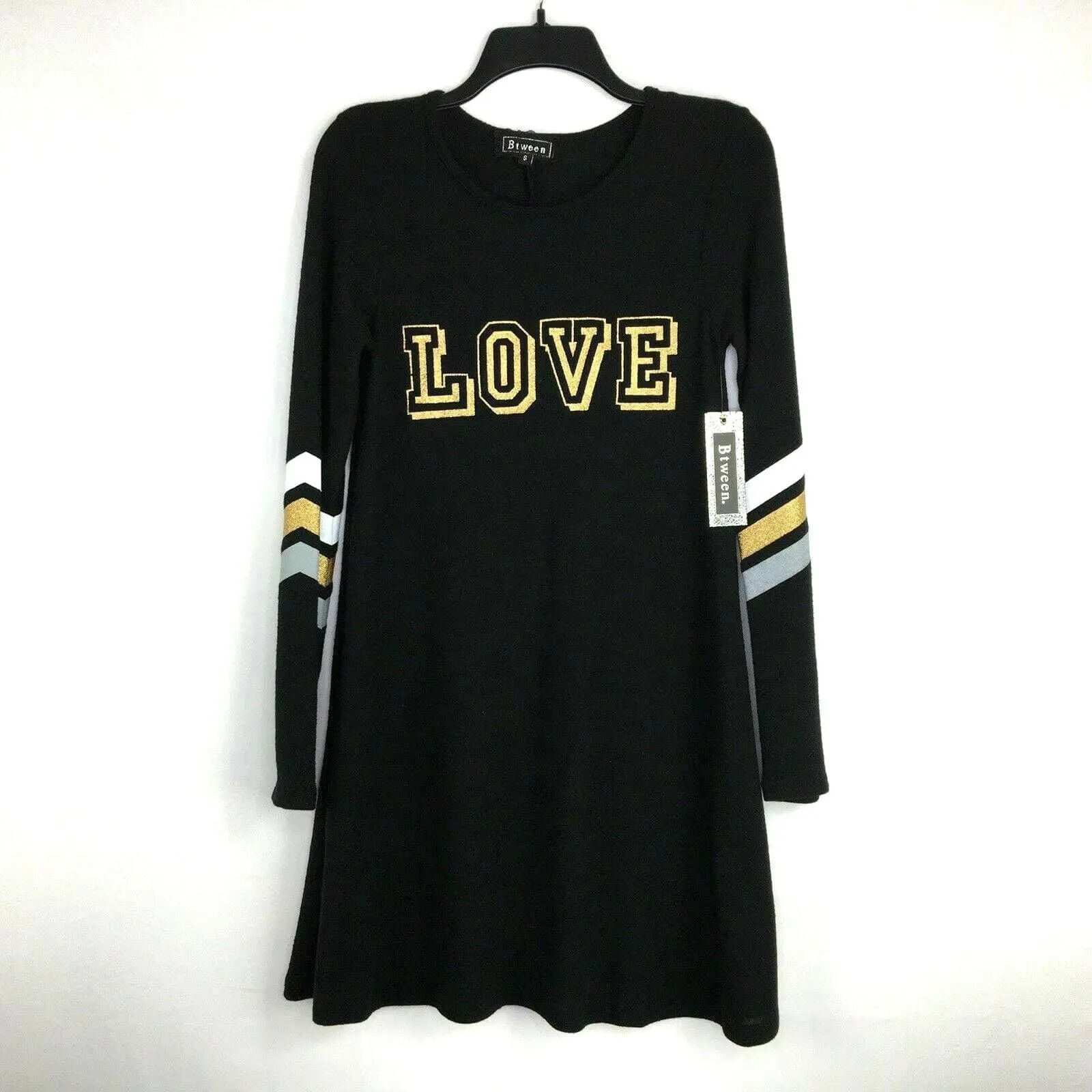 Btween Womens Juniors Size Small Black Sweater Dress Glitter “Love” & Stripes