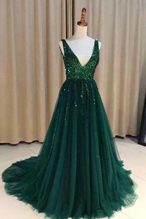 Chic A-Line V Neck Backless Dark Green Tulle Prom Dress with Sequins Evening Dresses