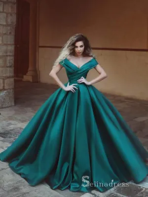 Chic Ball Gown Off-the-shoulder Green Long Prom Dresses Elegant Cheap Evening Gowns MHL161