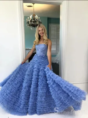 Chic Ball Gown Strapless Blue Applique Prom Dresses Modest Princess Evening Dresses MLH2029