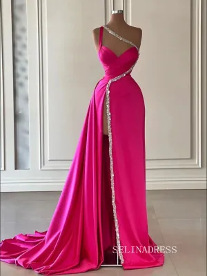 Chic Elegant One Shoulder High Split Long Prom Dresses Fuchsia Evening Dress SEW0204