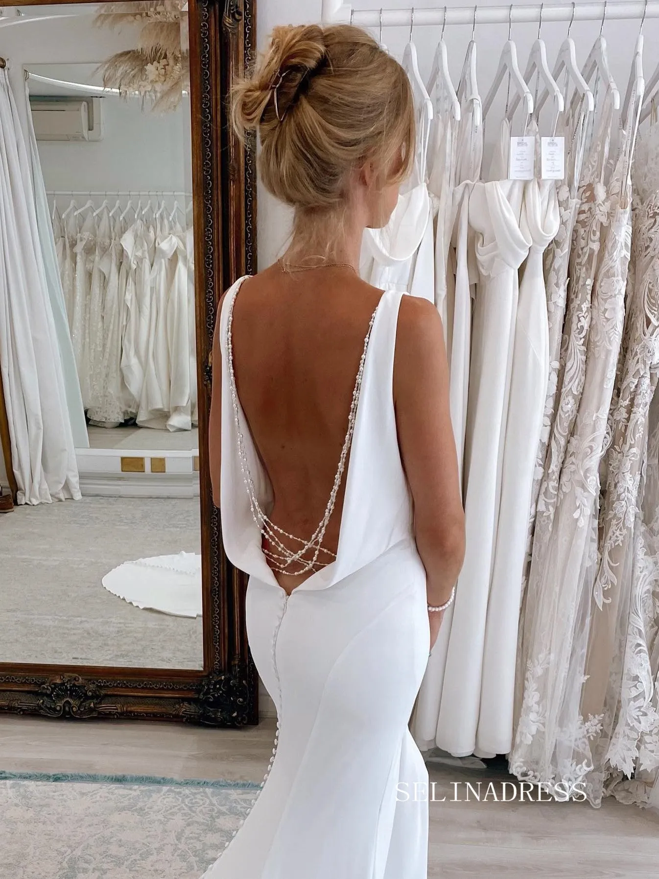 Chic Mermaid Deep V neck White Wedding Dress Rustic Bridal Dresses lpk125