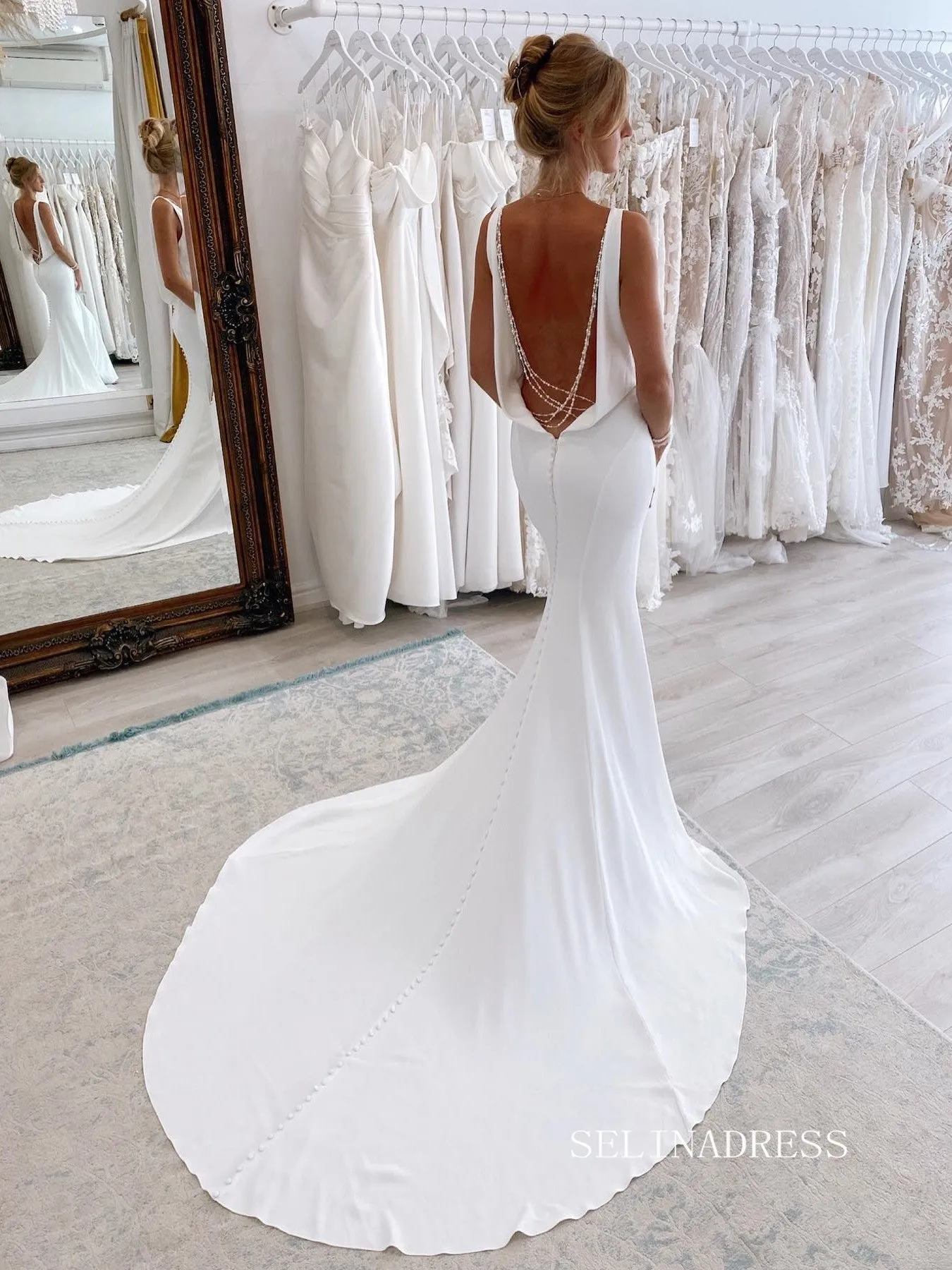 Chic Mermaid Deep V neck White Wedding Dress Rustic Bridal Dresses lpk125