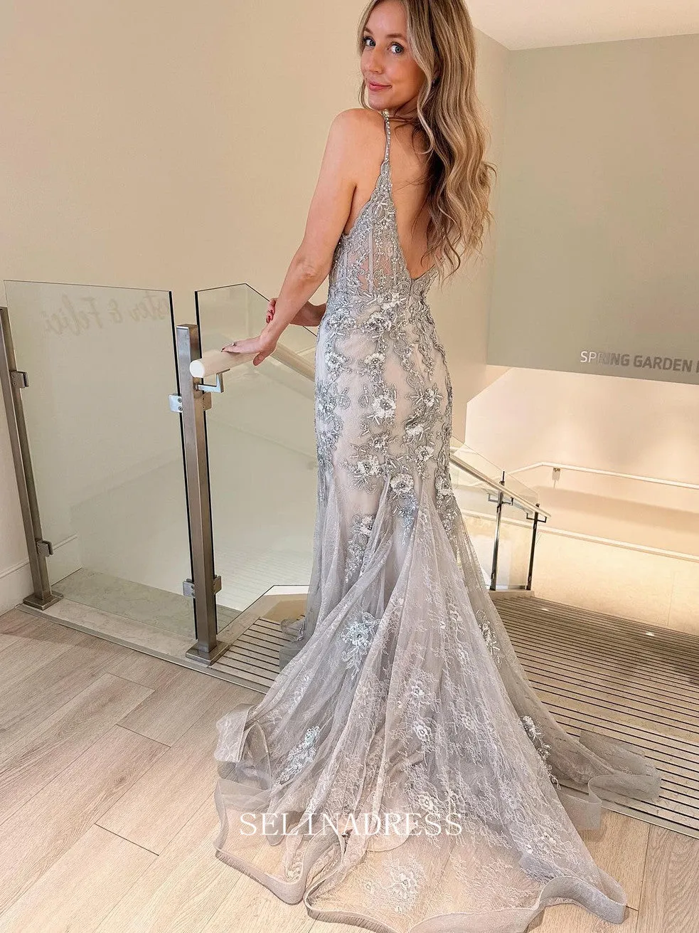 Chic Mermaid Spaghetti Straps Elegant Gray Prom Dress Lace Beaded Formal Gown Evening Dress #LOP209