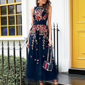 Floral Embroidery Mesh Overlay Party Sleeveless Long Dress