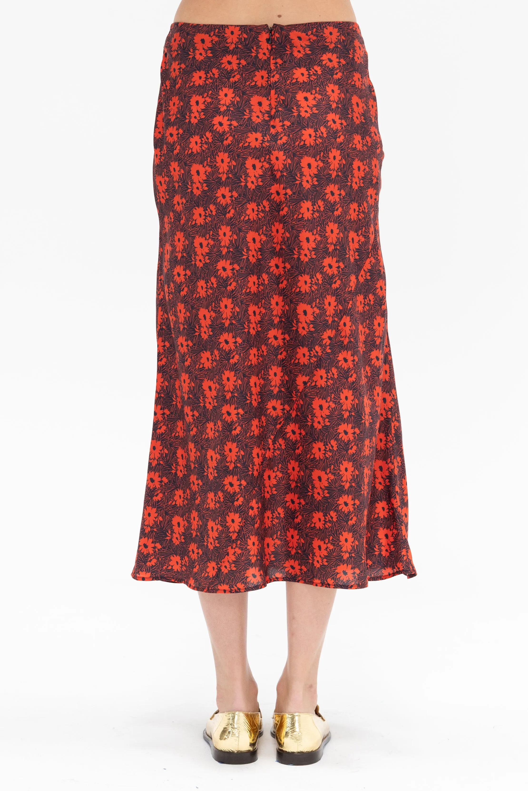 Flower Print Silk Midi Skirt, Black & Red