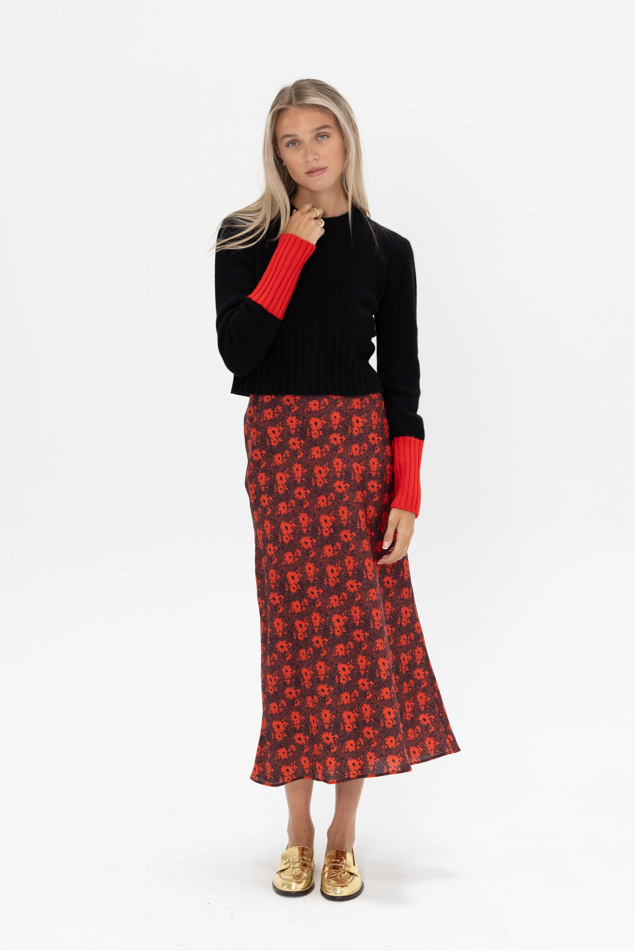 Flower Print Silk Midi Skirt, Black & Red