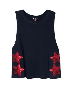 Game Day Tank, Cropped Racerback Black, Red Sequin Stars