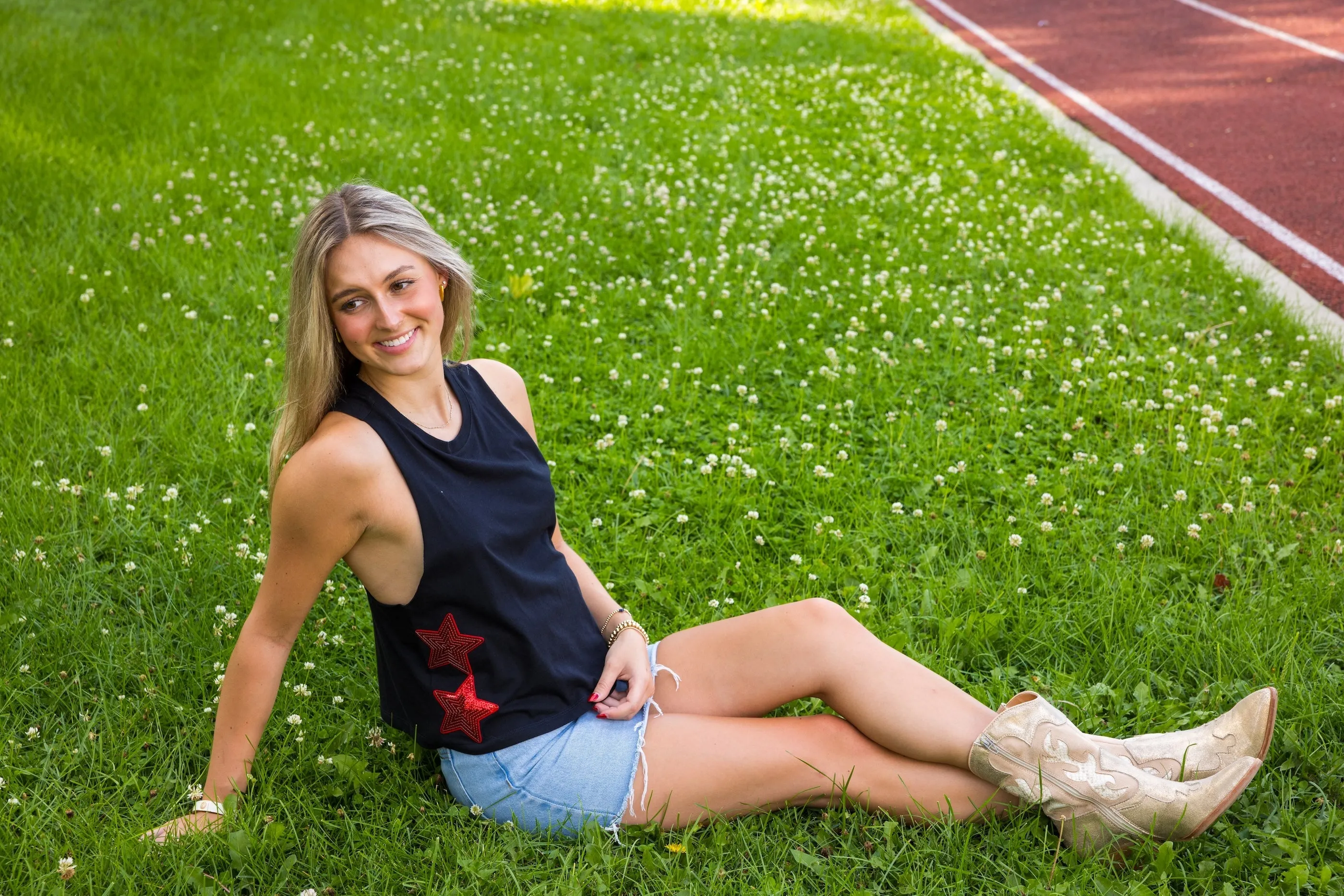 Game Day Tank, Cropped Racerback Black, Red Sequin Stars