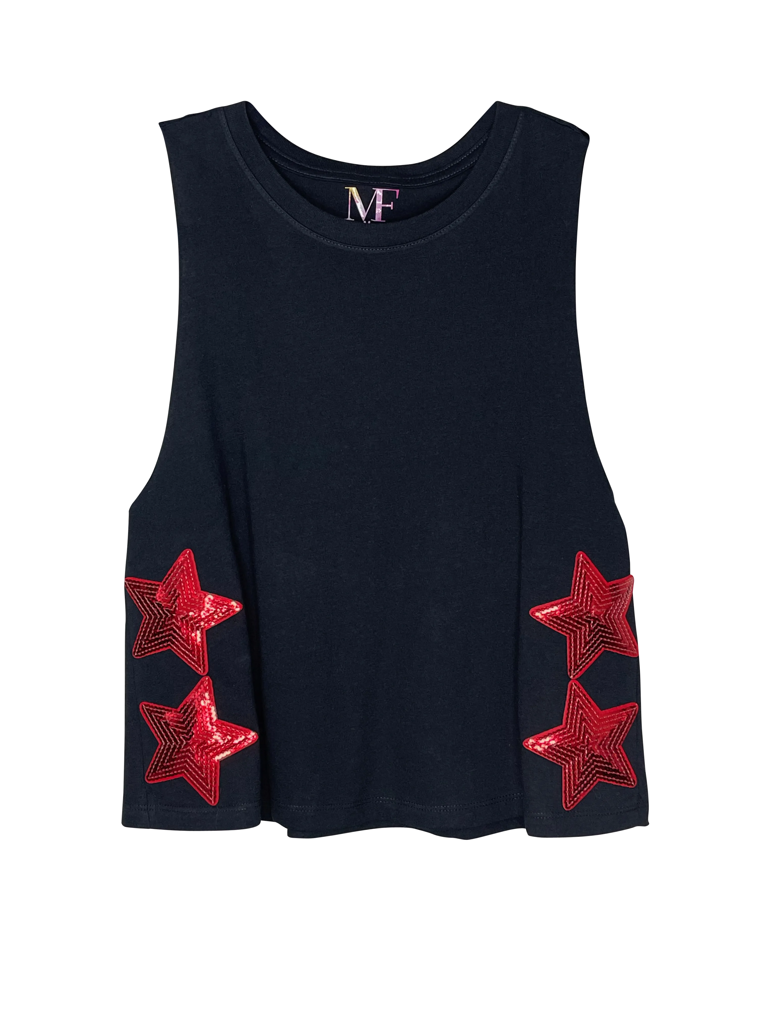 Game Day Tank, Cropped Racerback Black, Red Sequin Stars