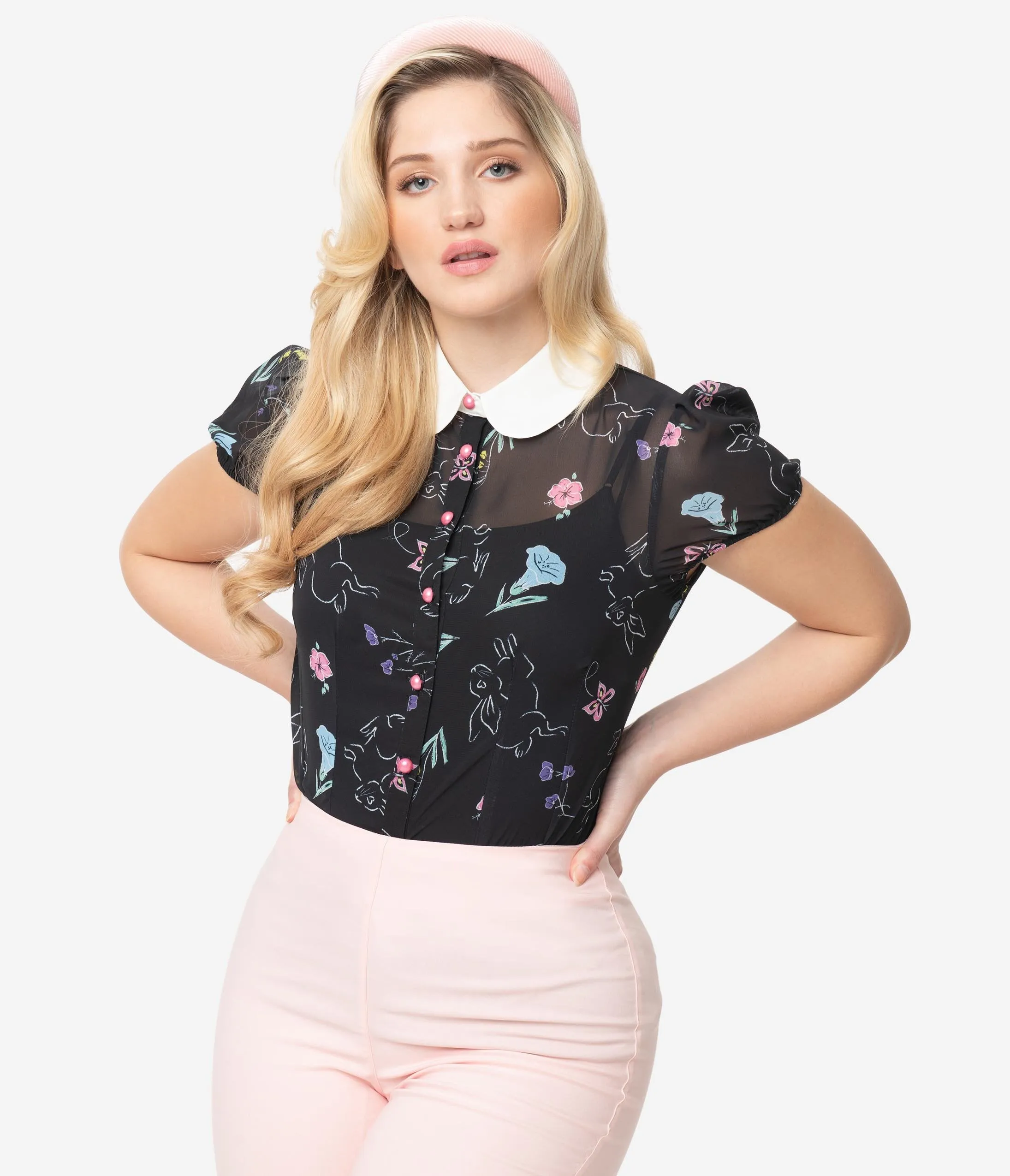 Hell Bunny Black Sheer Spring Print Binky Blouse