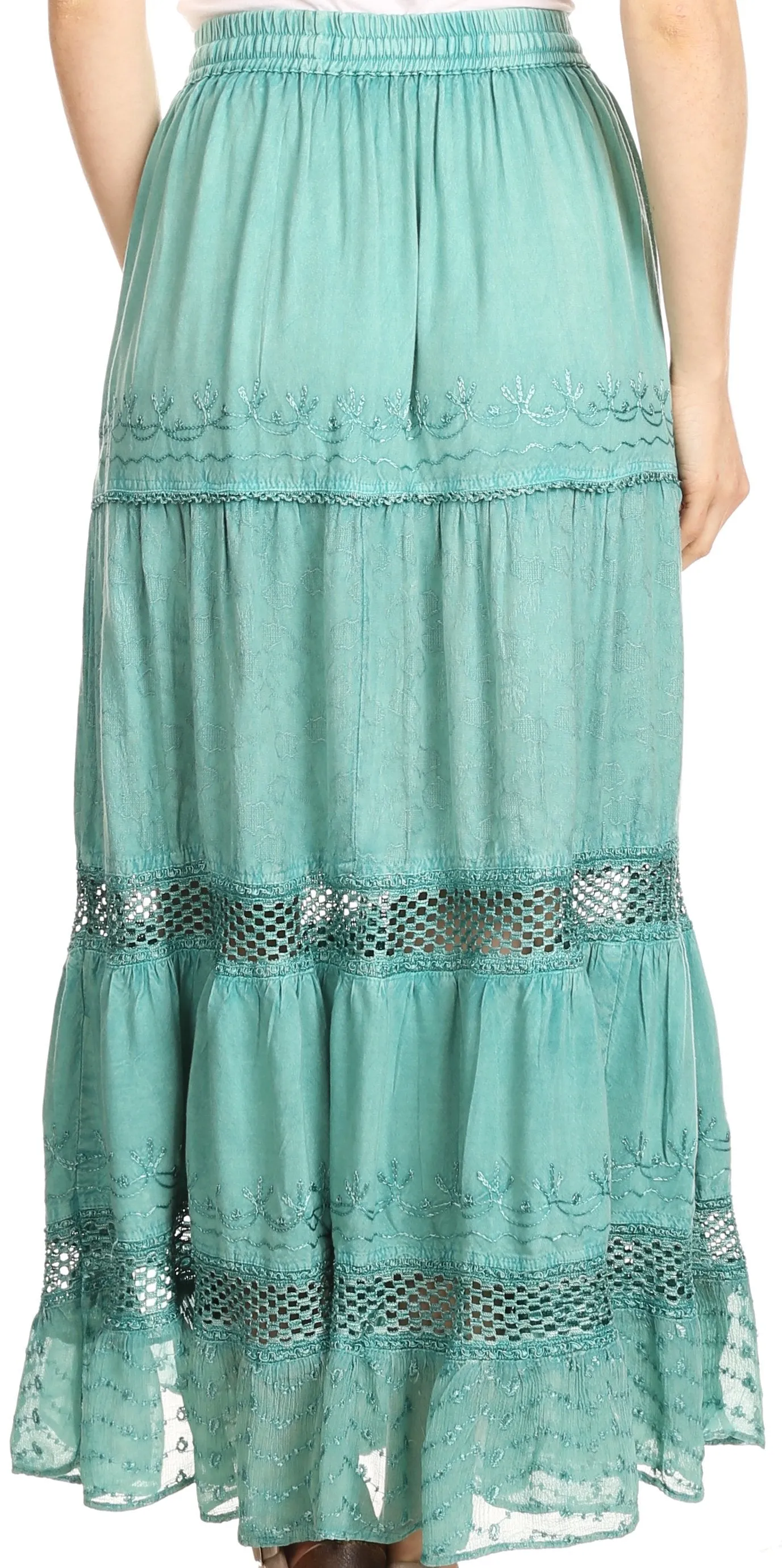 Sakkas Salina Boho Maxi Skirt with Embroidery and Crochet Lace  Adjustable Waist