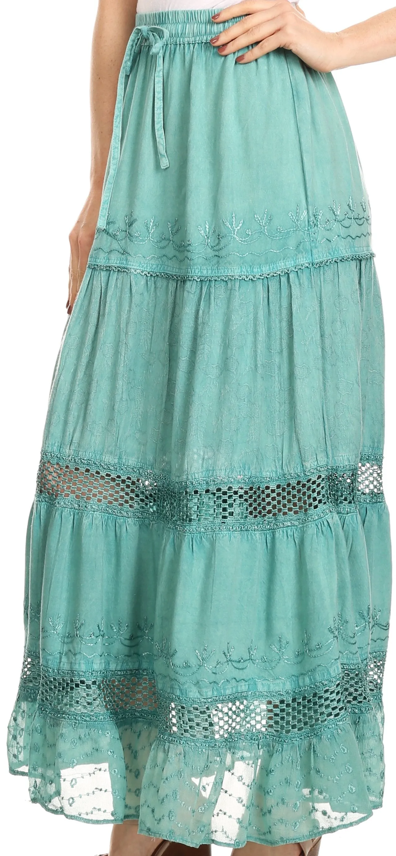 Sakkas Salina Boho Maxi Skirt with Embroidery and Crochet Lace  Adjustable Waist