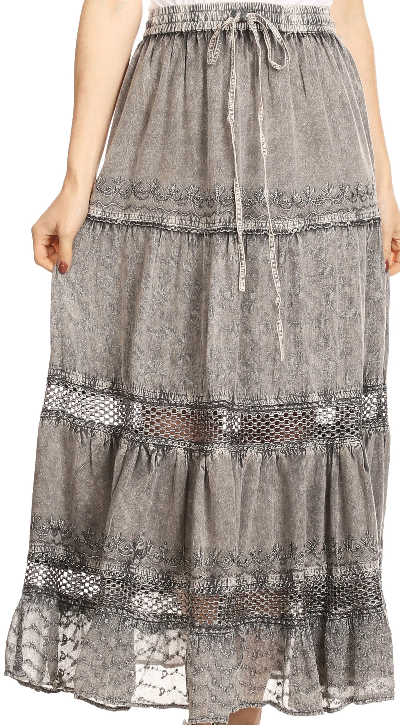 Sakkas Salina Boho Maxi Skirt with Embroidery and Crochet Lace  Adjustable Waist