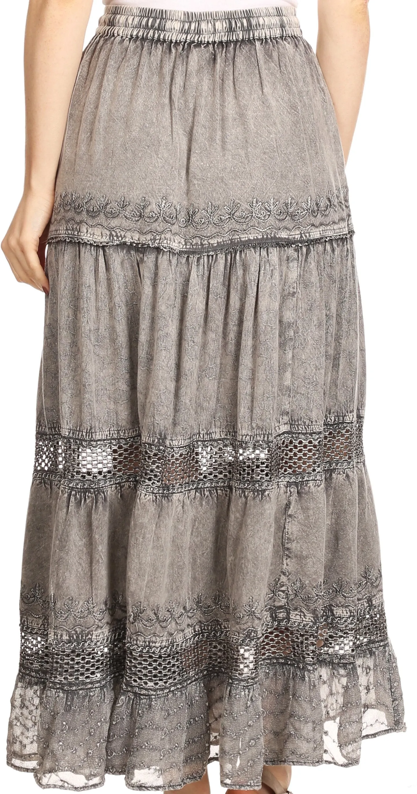 Sakkas Salina Boho Maxi Skirt with Embroidery and Crochet Lace  Adjustable Waist