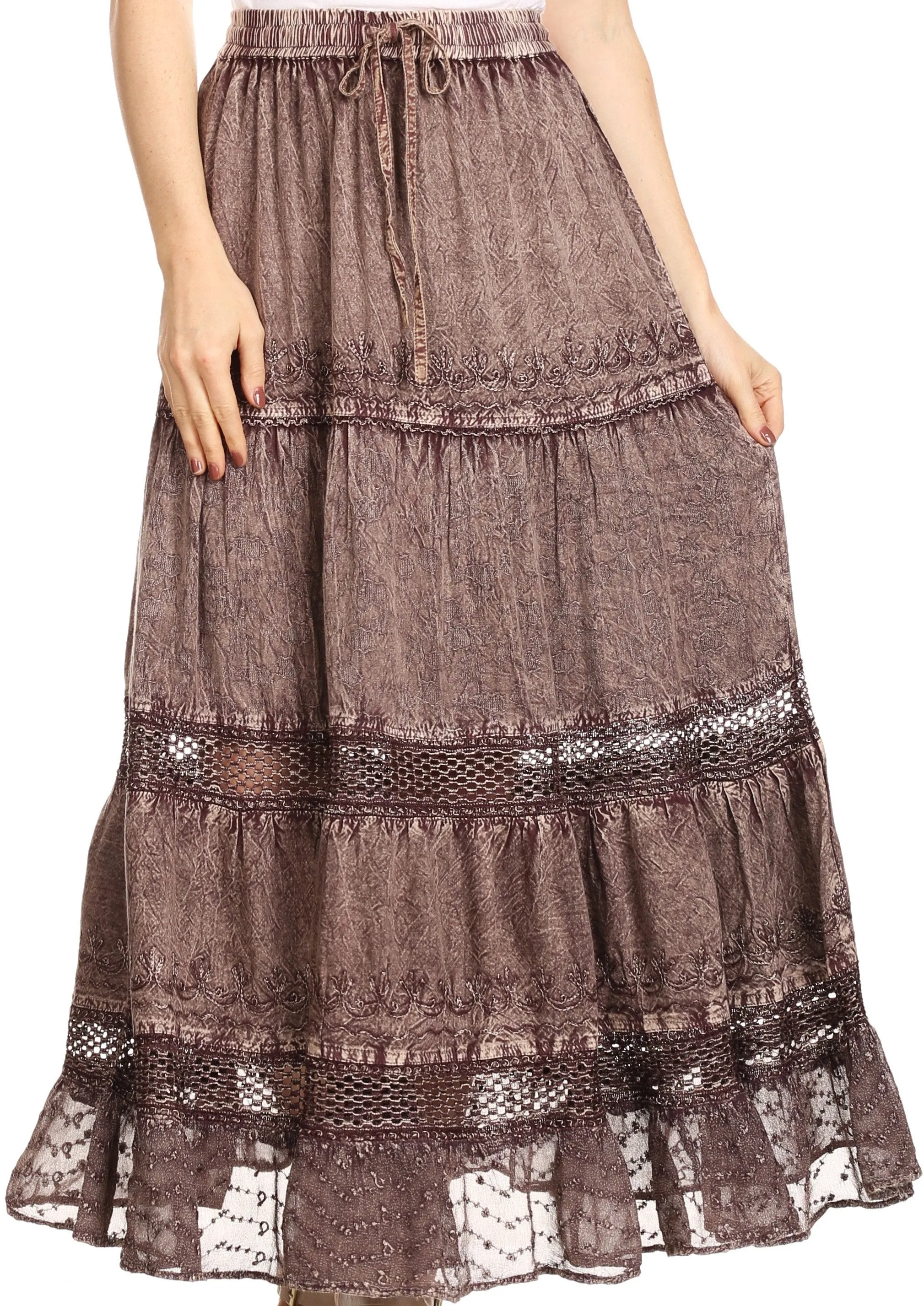 Sakkas Salina Boho Maxi Skirt with Embroidery and Crochet Lace  Adjustable Waist