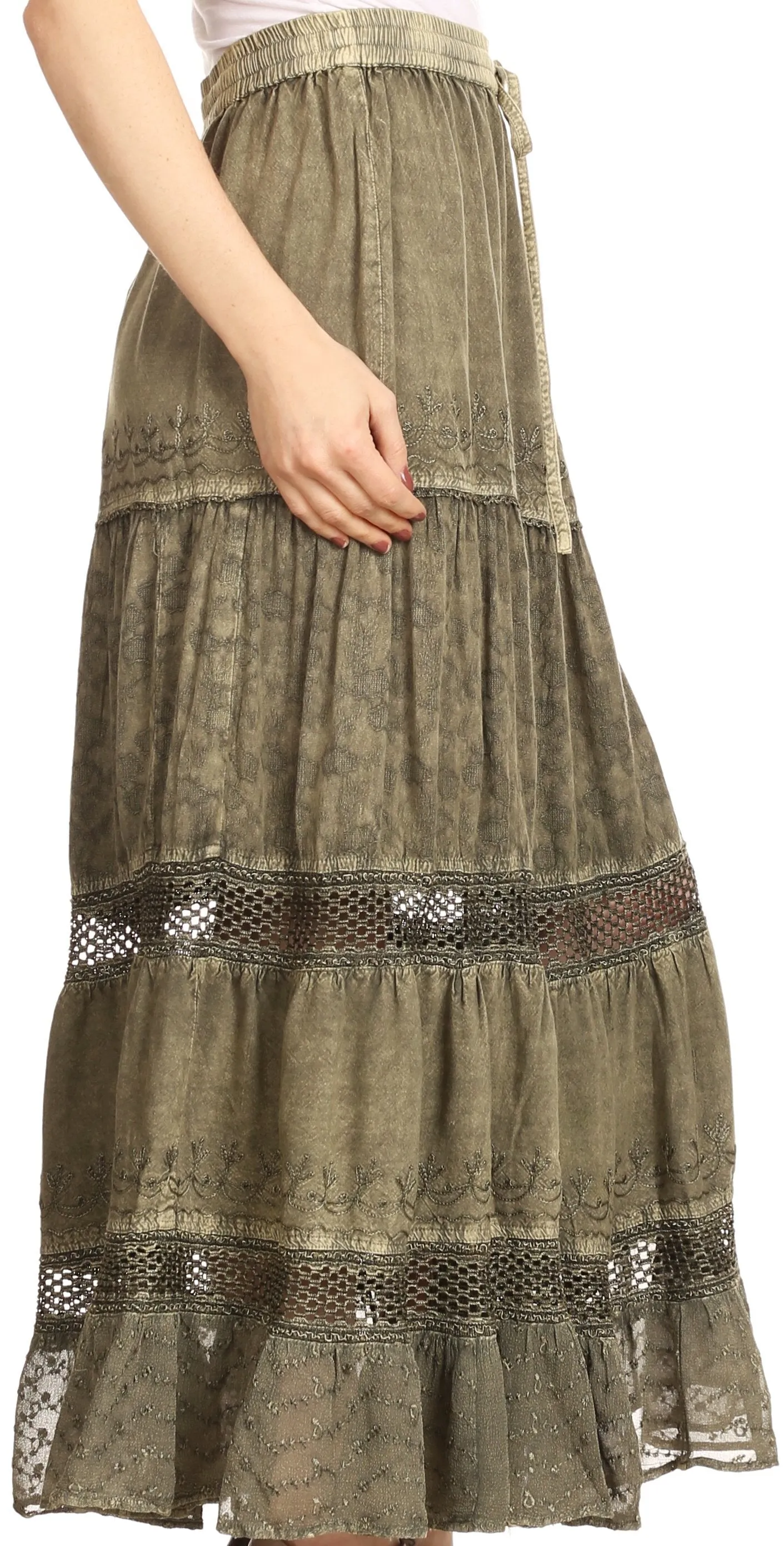 Sakkas Salina Boho Maxi Skirt with Embroidery and Crochet Lace  Adjustable Waist