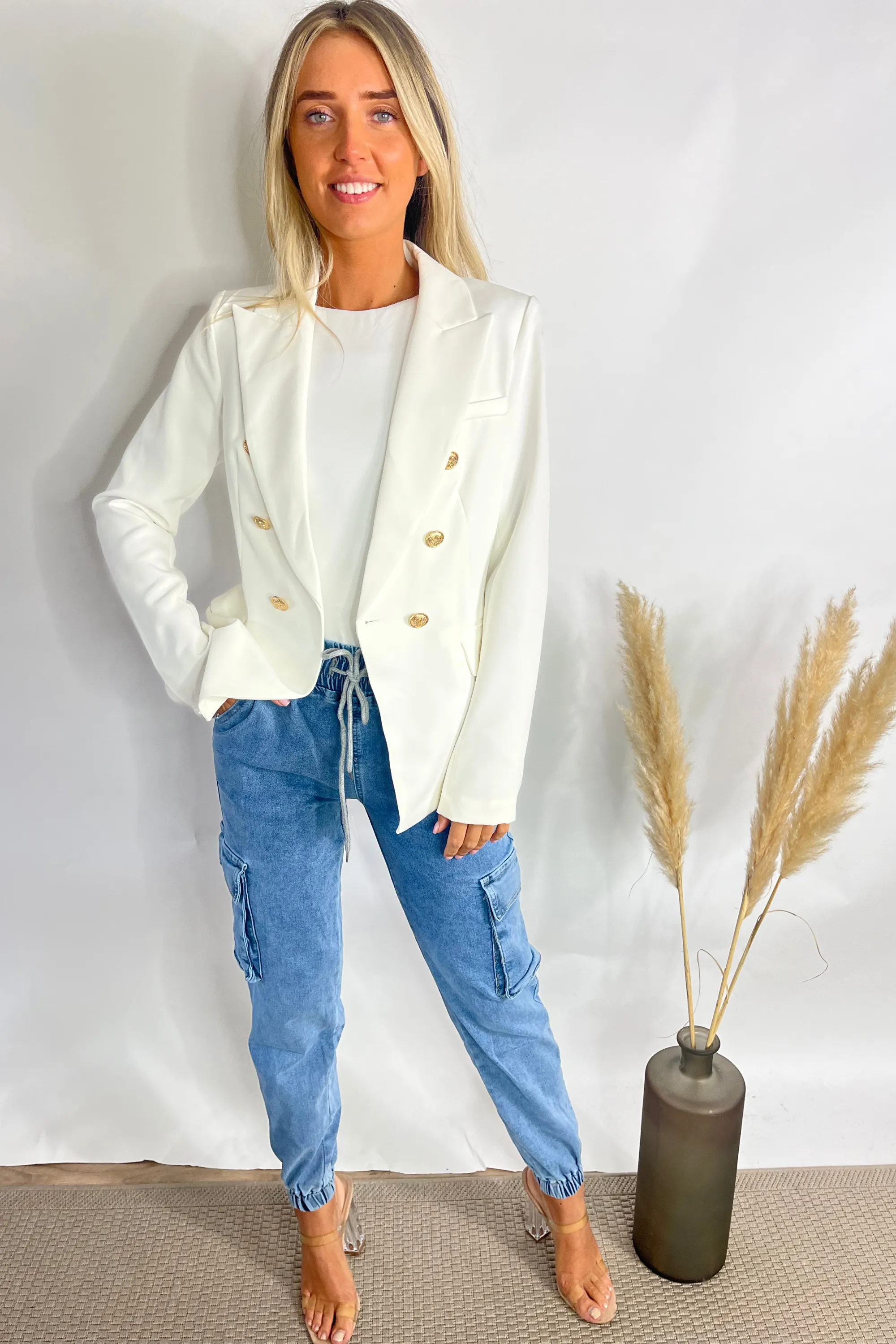 White Golden Buttons Double Breast Blazer